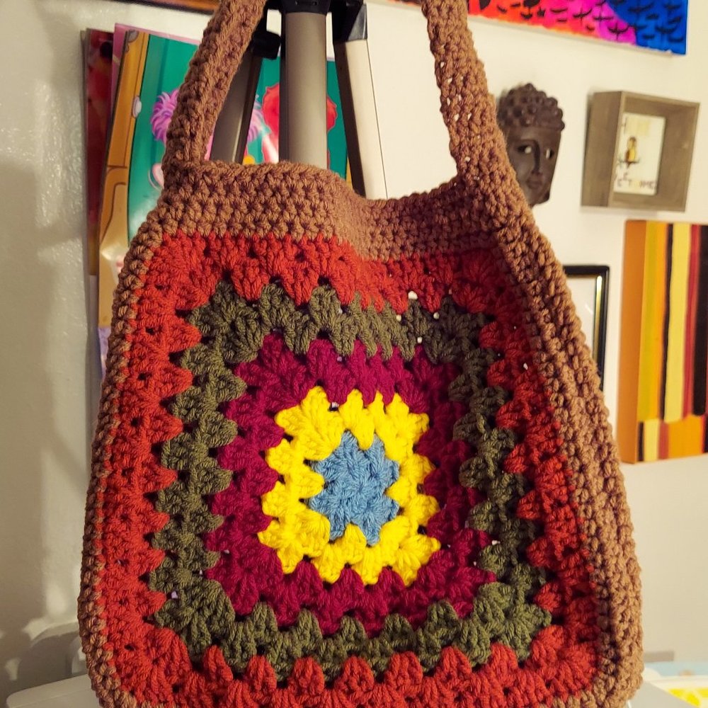 Granny Square Book Bag/Tote - 12 x 12 inches, 20 inches with strap